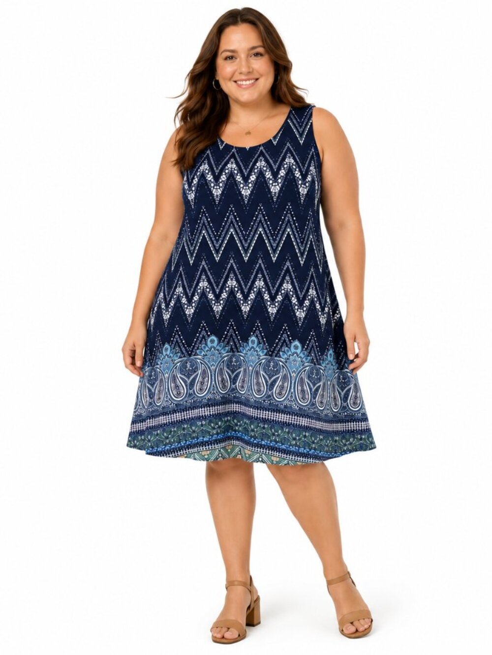 Just Be Plus Size Navy Blue Chevron and Paisley Print Sleeveless Swing Dress